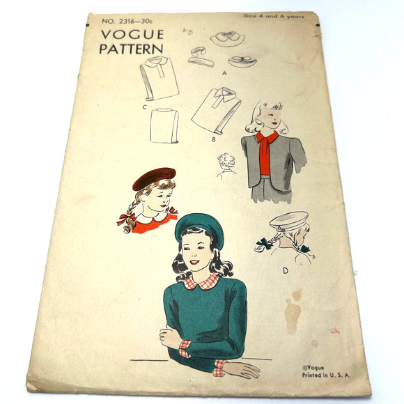 Vogue Vintage 1940's Pattern #2316 Childs Beret Size 4 & 6 Years HTF RARE - Picture 1 of 6